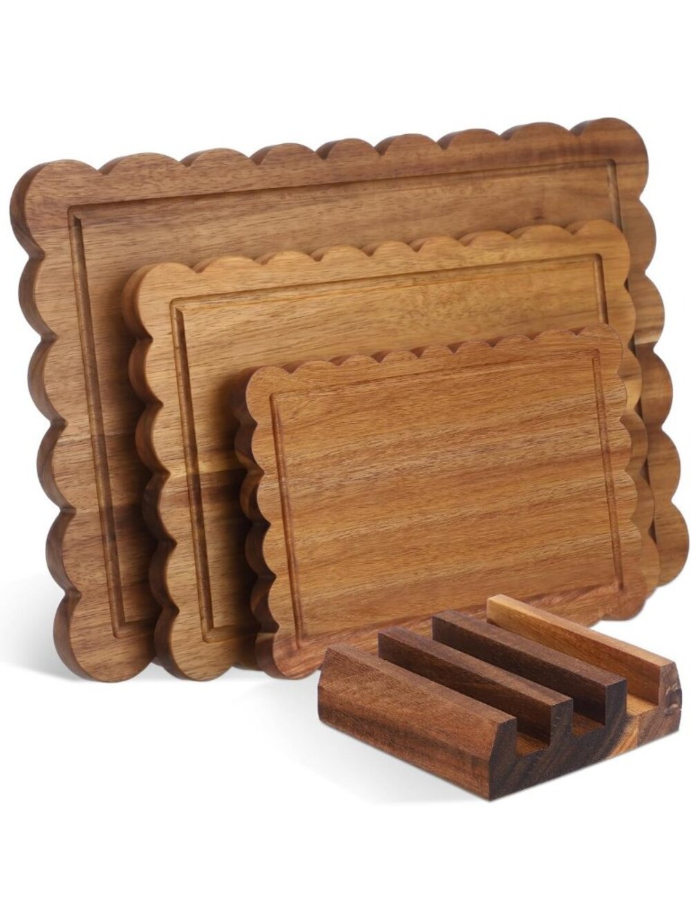 Set of 3 Acacia Wood Scalloped Cutting Boards with Stylish Holder - Kitchen